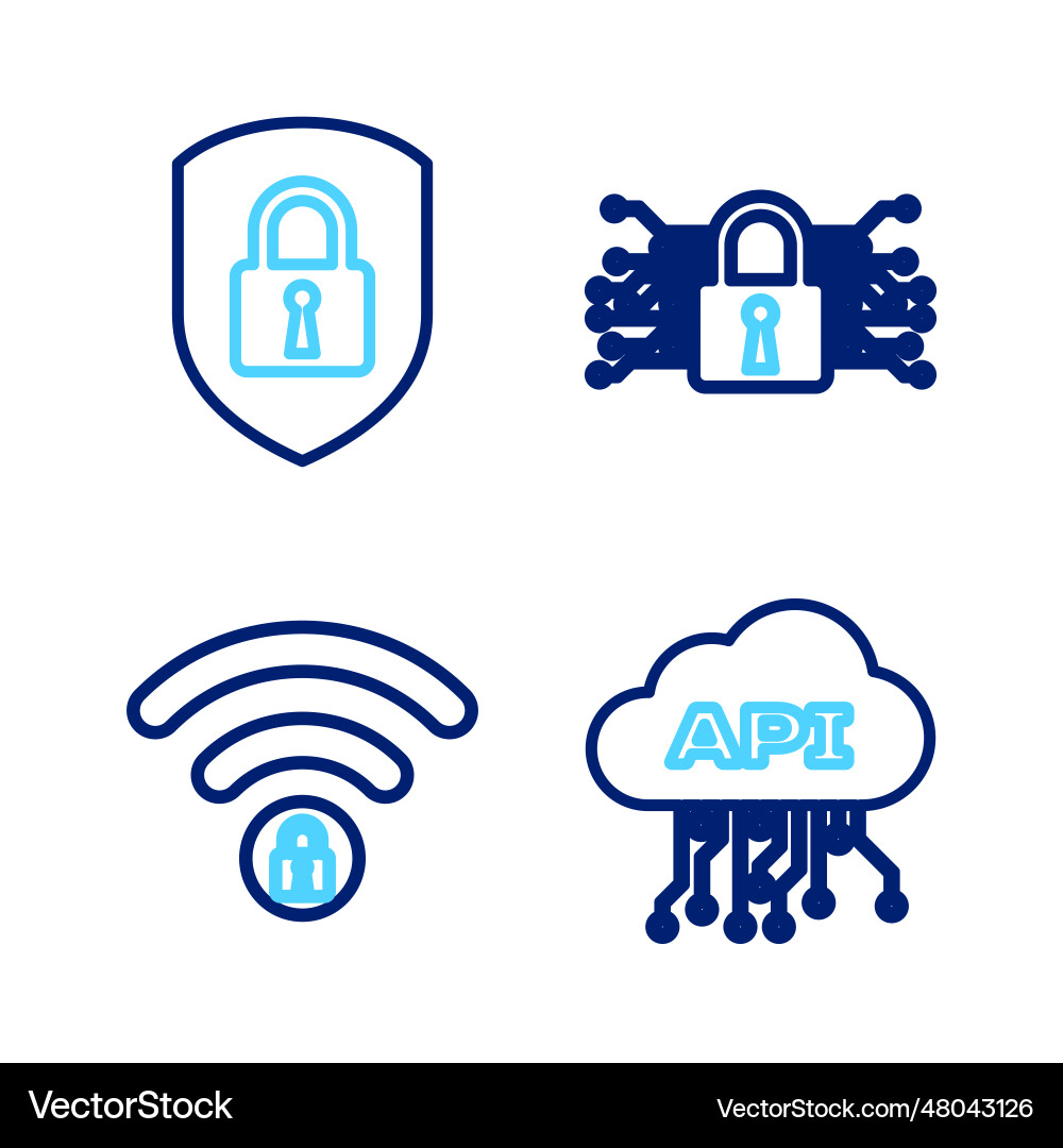 Set line cloud api interface wifi locked cyber Set line cloud api interface wifi locked cyber vector image