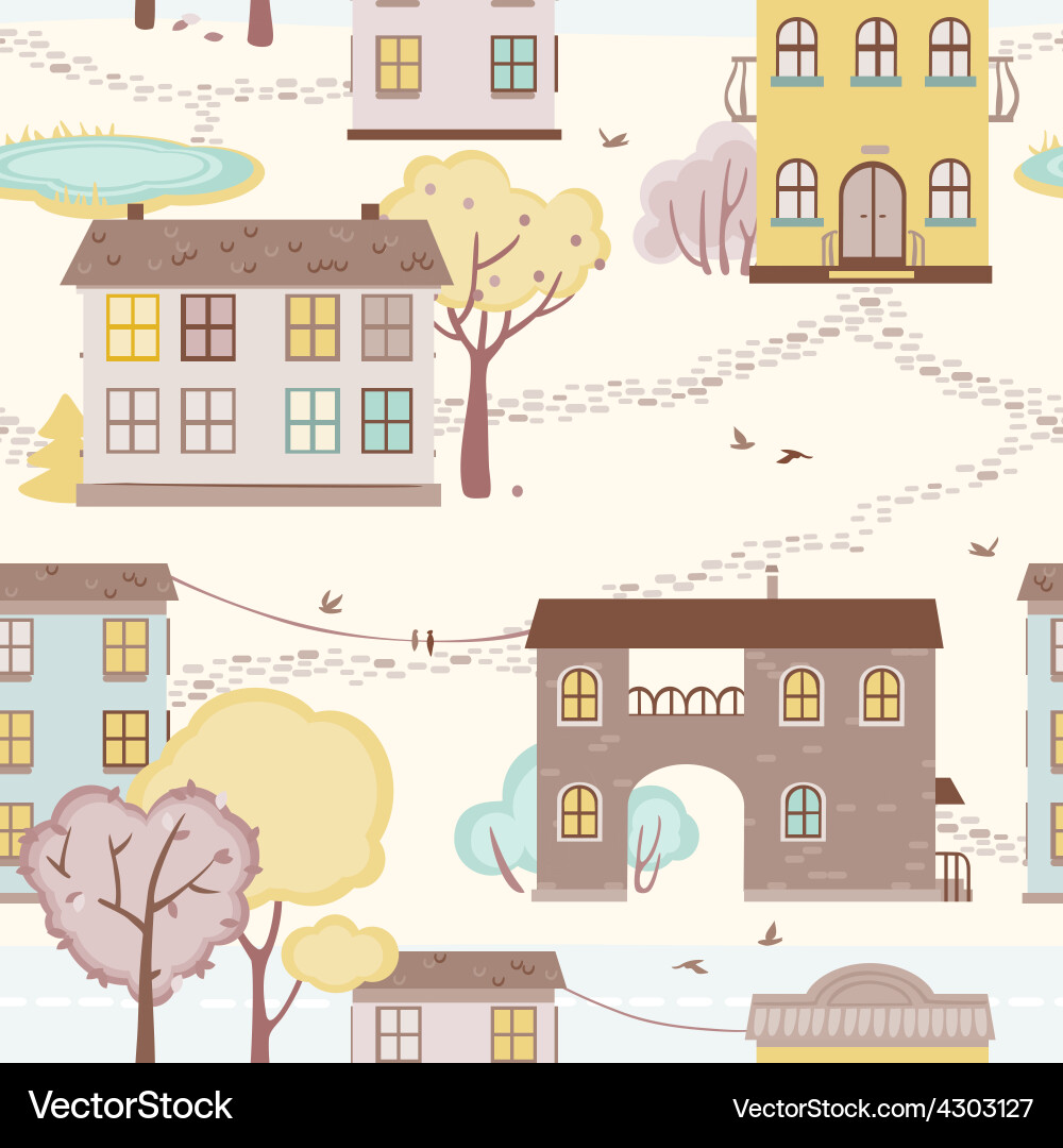 Seamless pattern with houses paths trees vector image