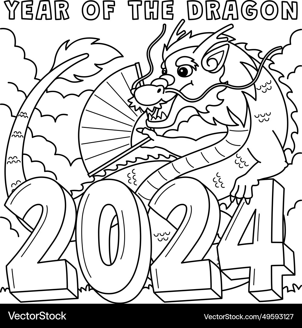 Year of the dragon 2024 coloring page for kids Year of the dragon 2024 coloring page for kids vector image