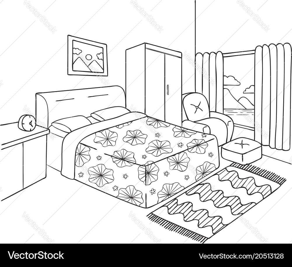 Bedroom Interior Sketch – Royalty-Free Vector | VectorStock, image size:1000x914