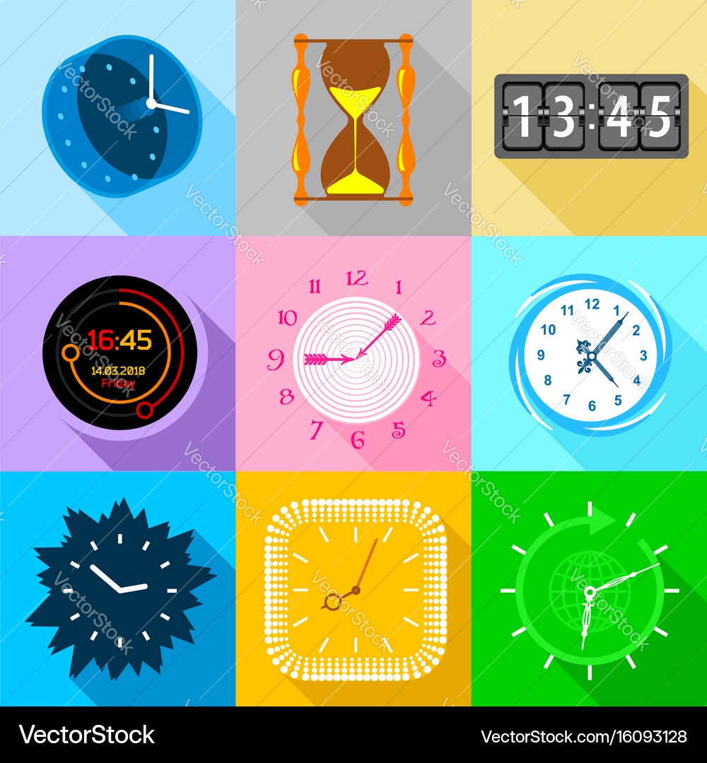 Different clock icons set flat style Vector Image