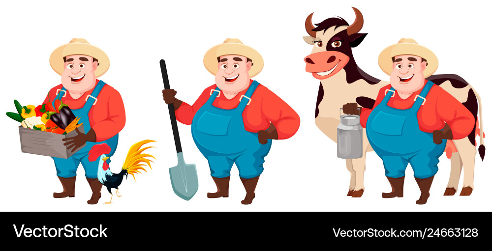 Fat farmer agronomist set of three poses Fat farmer agronomist set of three poses Vector Image
