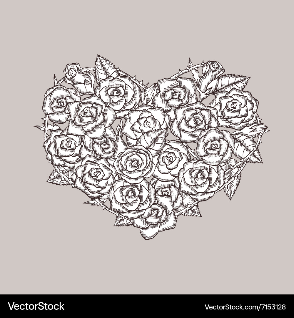 Valentine day heart made of roses ink drawing Vector Image