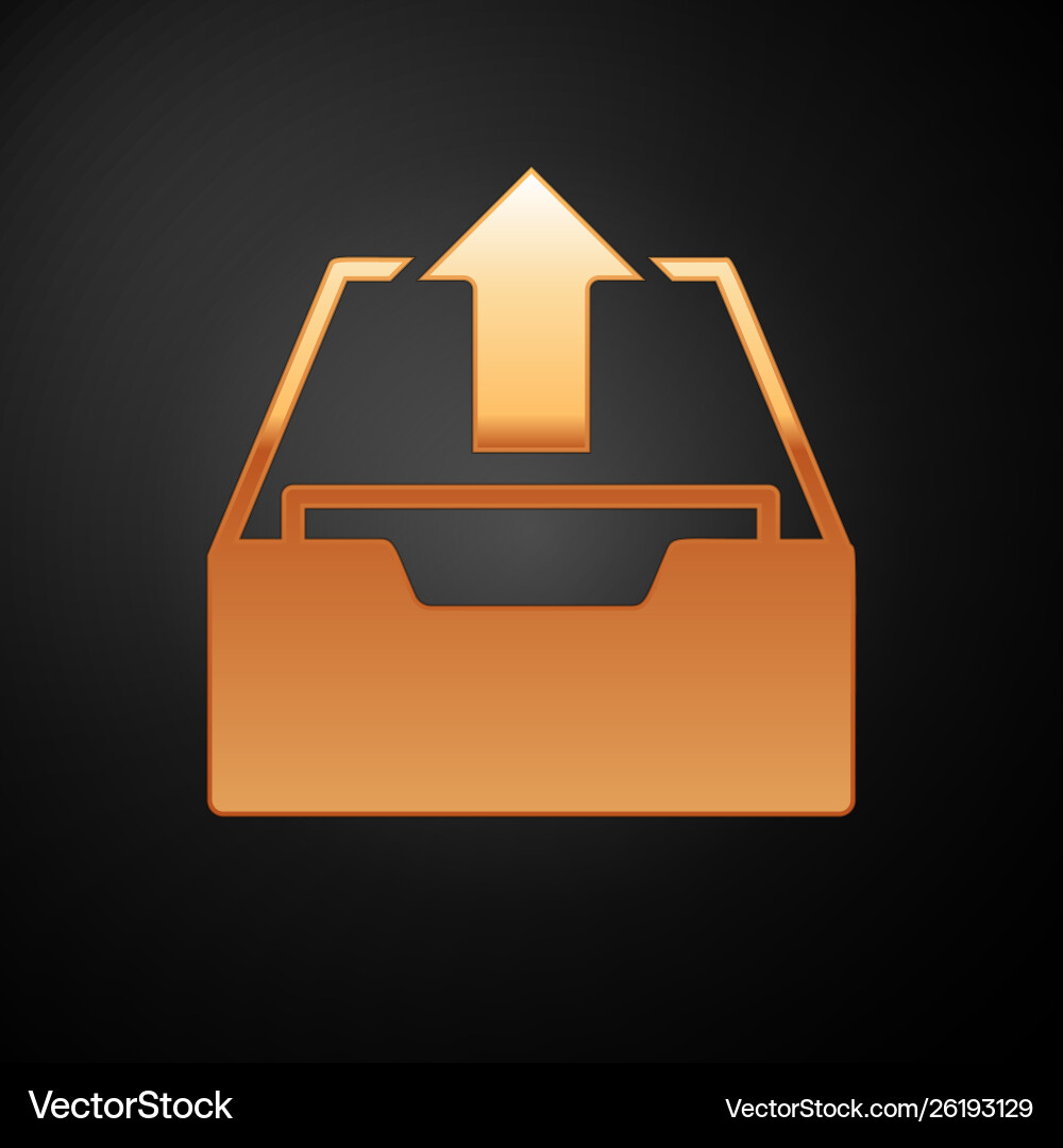 Gold upload inbox icon isolated on black vector image