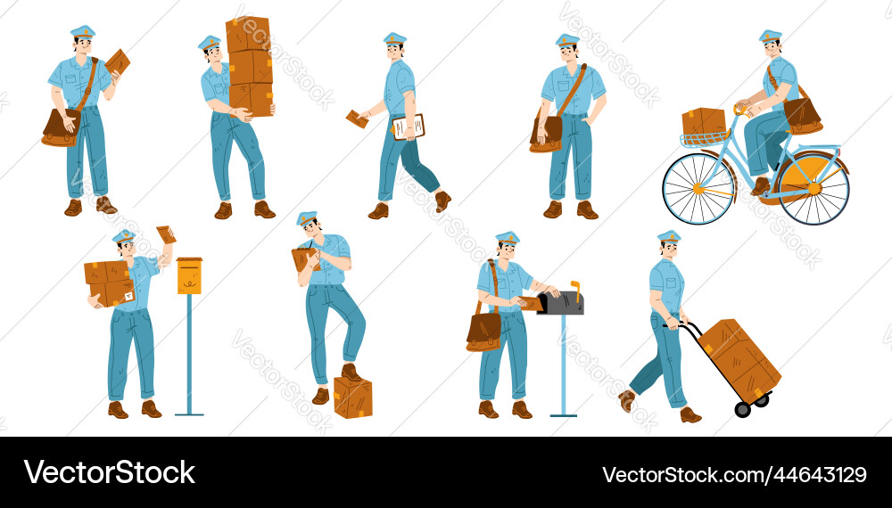 Set of postman characters delivering mail Set of postman characters delivering mail vector image