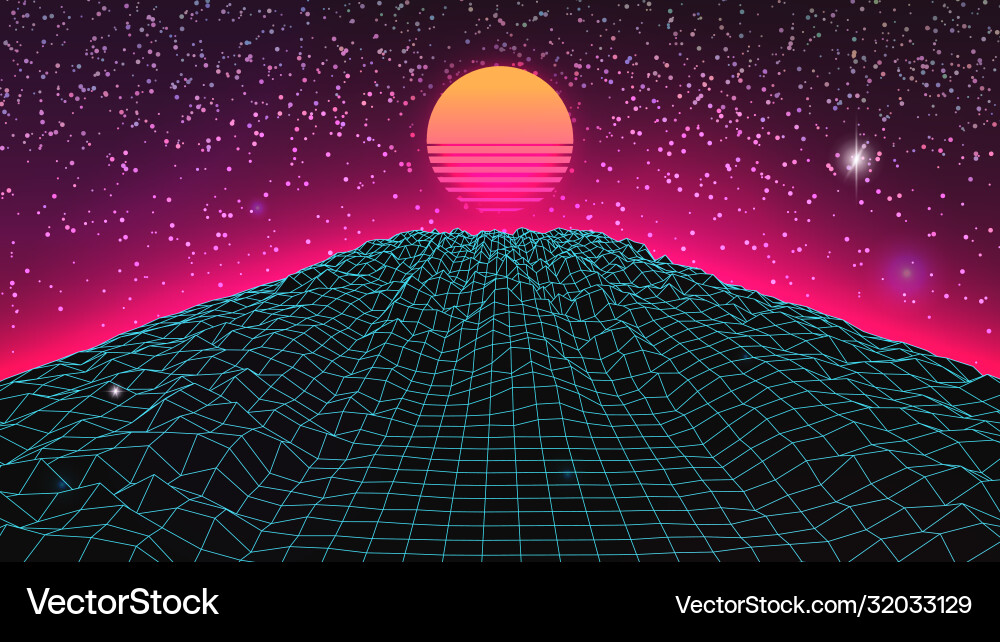 Synthwave sunset background virtual 3d landscape Vector Image