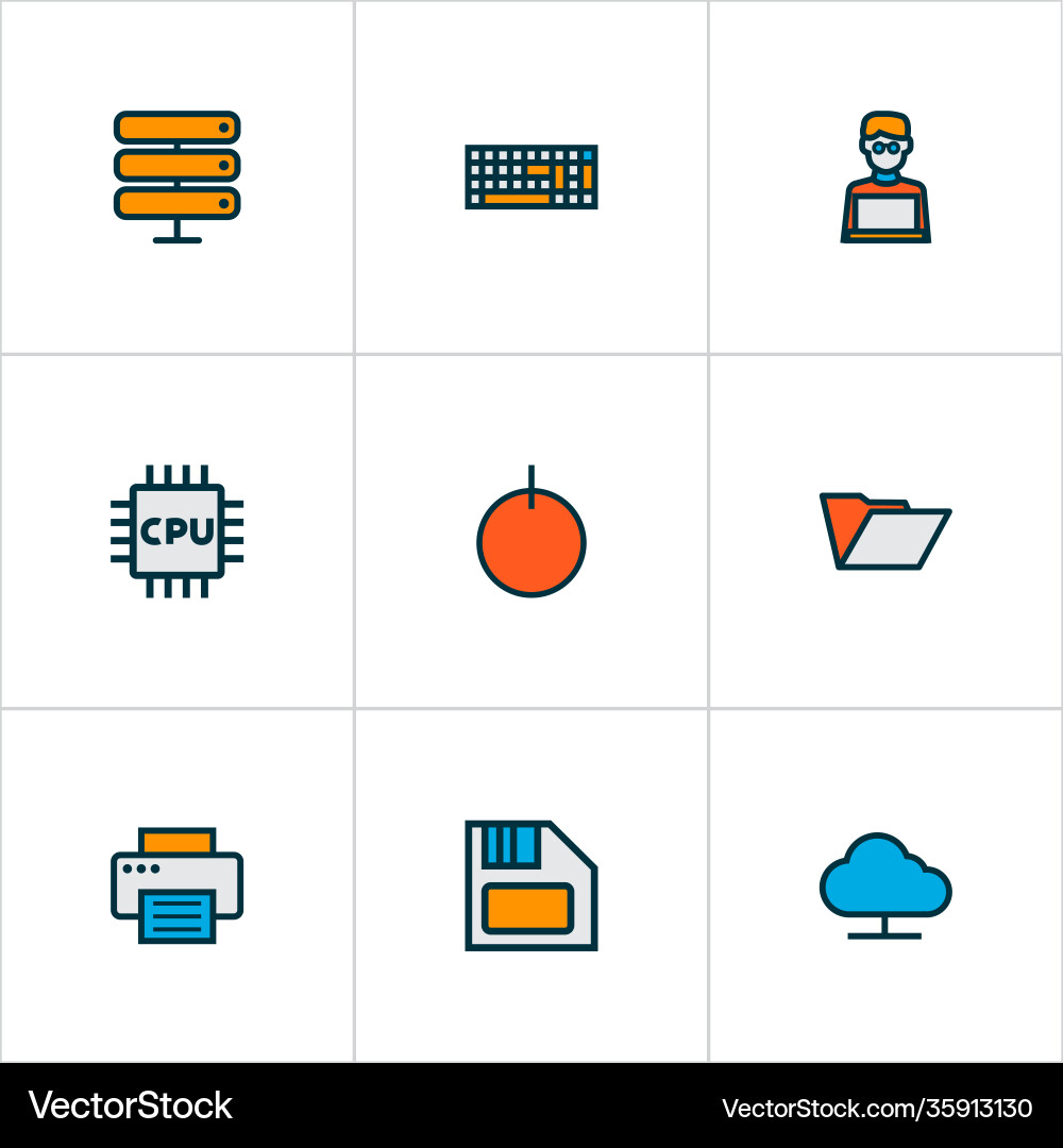 Hardware icons colored line set with floppy disk Hardware icons colored line set with floppy disk vector image