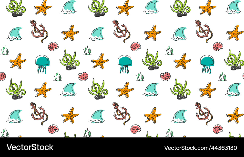 Seamless pattern with shells and fish vector image