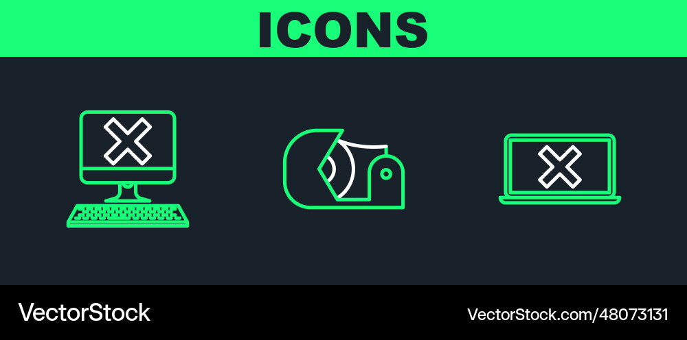 Set line laptop and cross mark on screen computer Set line laptop and cross mark on screen computer vector image