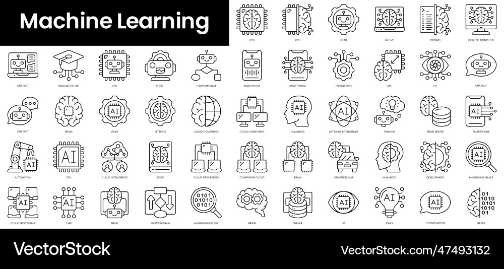 Set of outline machine learning icons minimalist Set of outline machine learning icons minimalist vector image