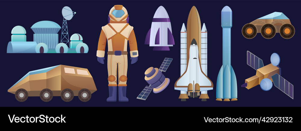 Space objects set astronaut character rocket Space objects set astronaut character rocket vector image