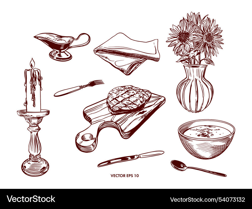 Table setting set meat steak on a board soup Table setting set meat steak on a board soup Vector Image