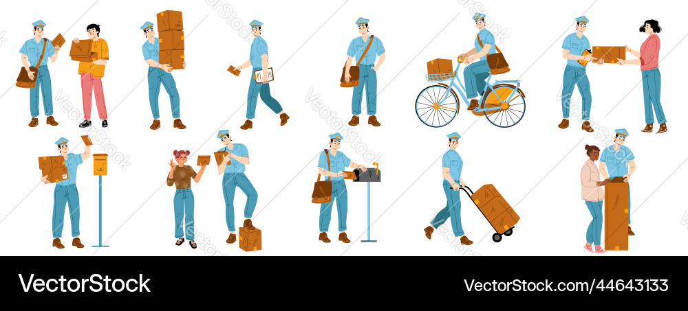 Set of postman characters delivering mail Set of postman characters delivering mail Vector Image