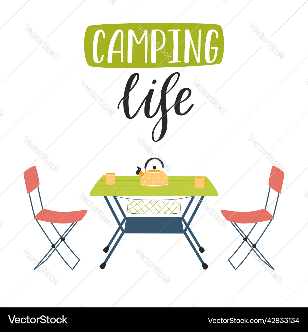 Camping folding table and chairs handwritten Camping folding table and chairs handwritten vector image