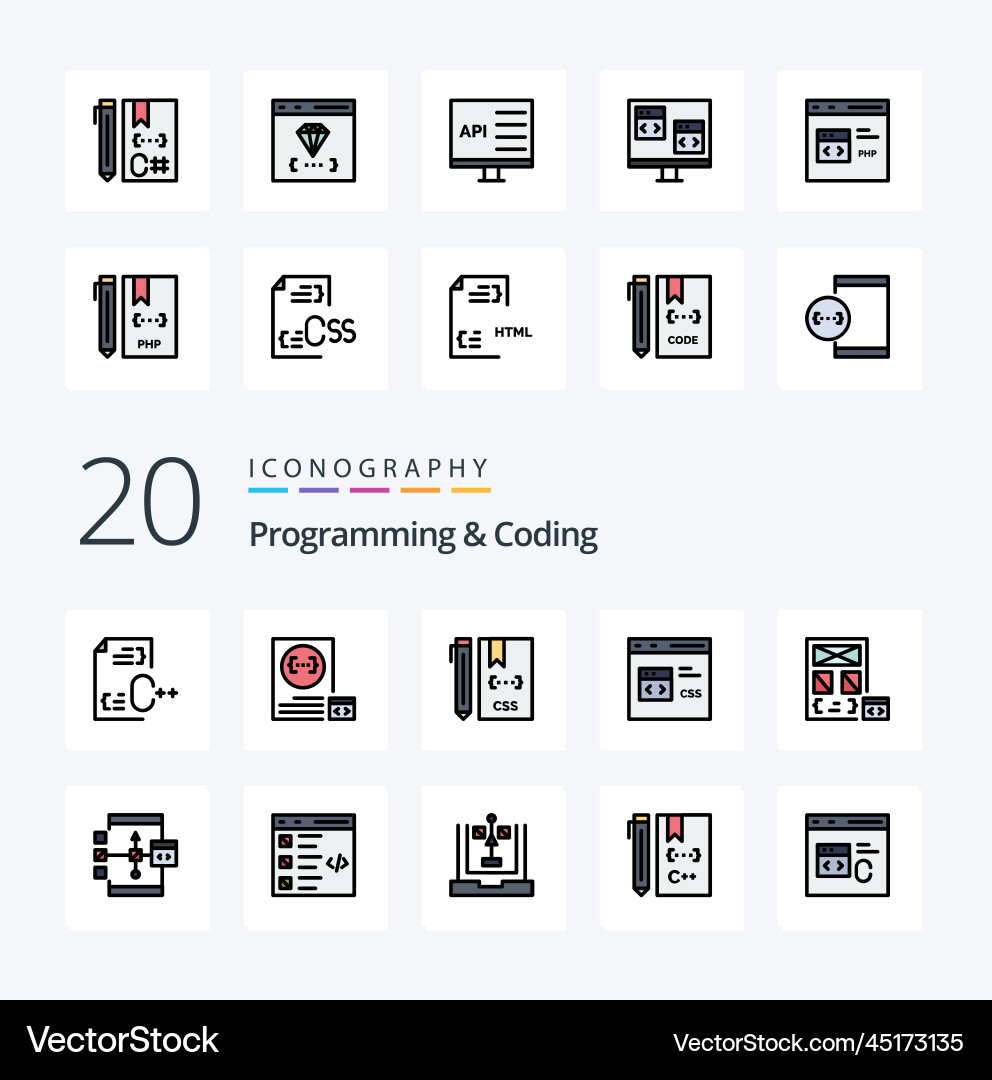 20 programming and coding line filled color icon vector image