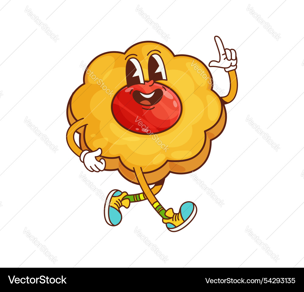 Funny groovy cartoon cookie with a red jelly Funny groovy cartoon cookie with a red jelly vector image