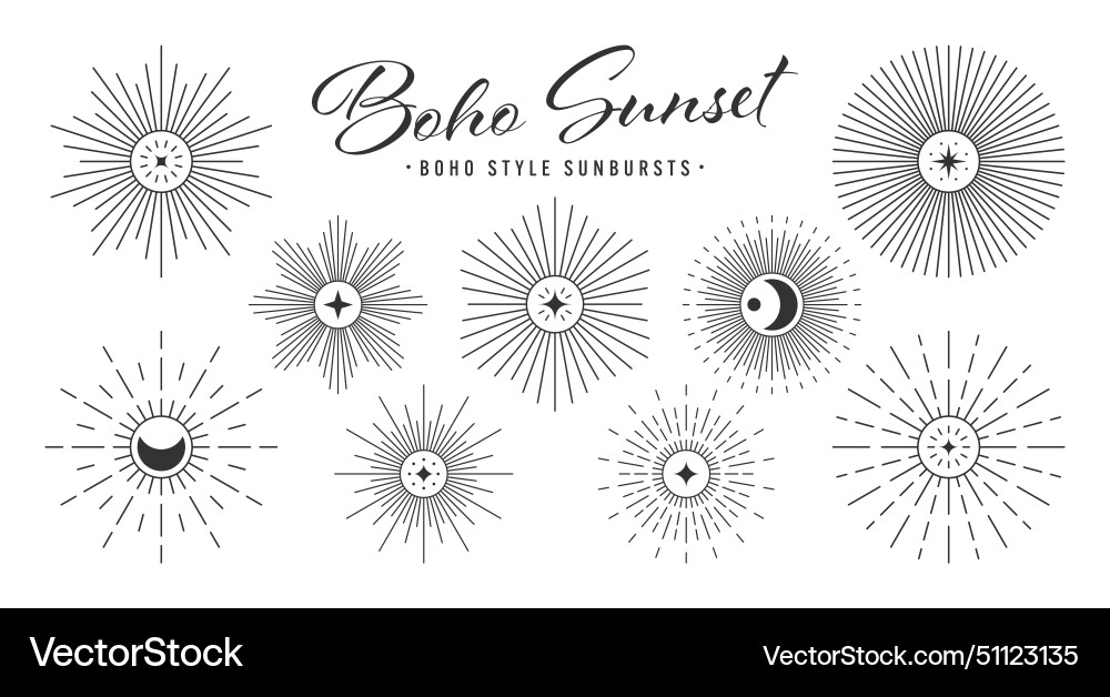 Vintage sunburst sunset beams collection boho vector image