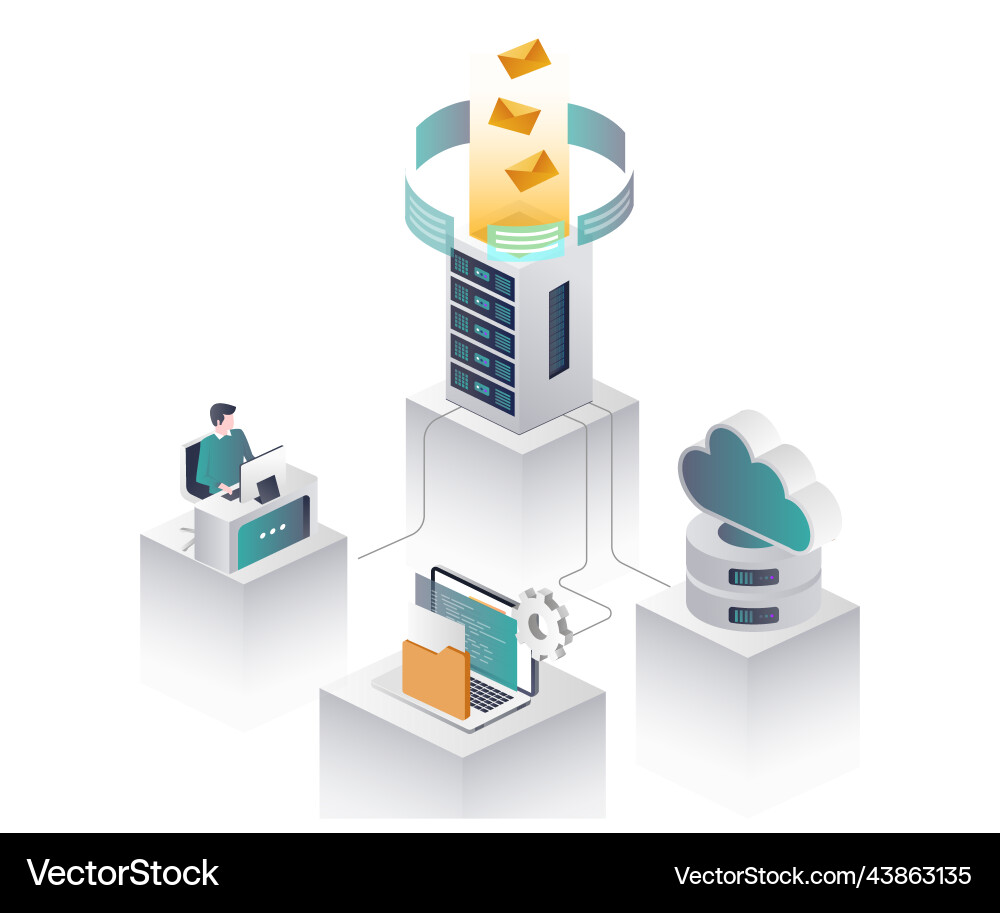 Worker with server and cloud in isometric Worker with server and cloud in isometric vector image