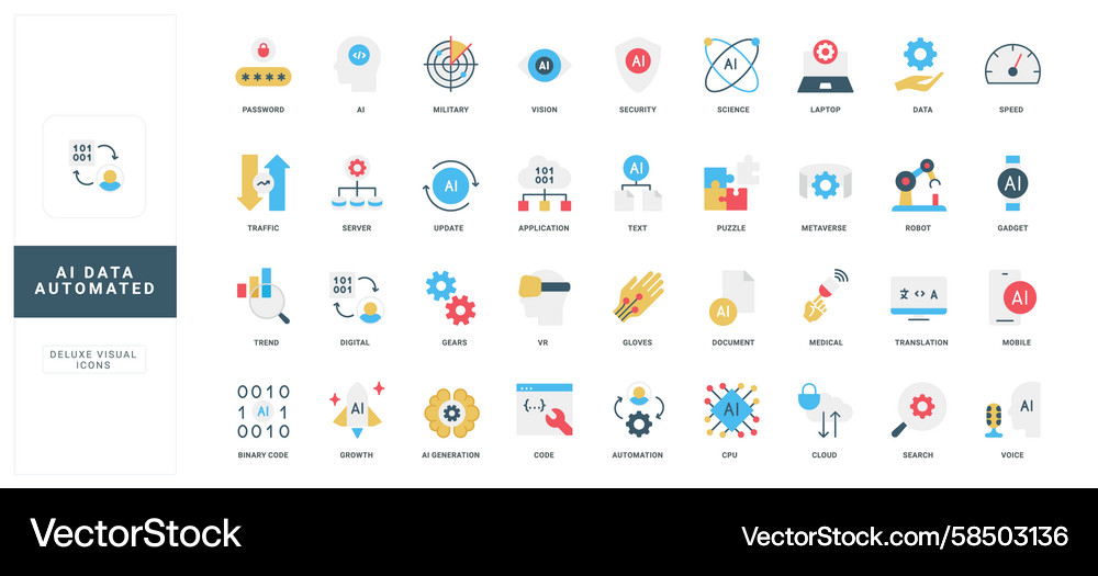 Ai data automated flat icon set collection Ai data automated flat icon set collection Vector Image