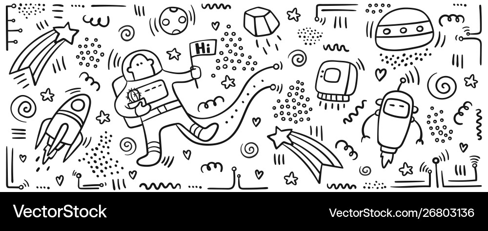 Astronaut doodle set space objects and symbols Astronaut doodle set space objects and symbols Vector Image