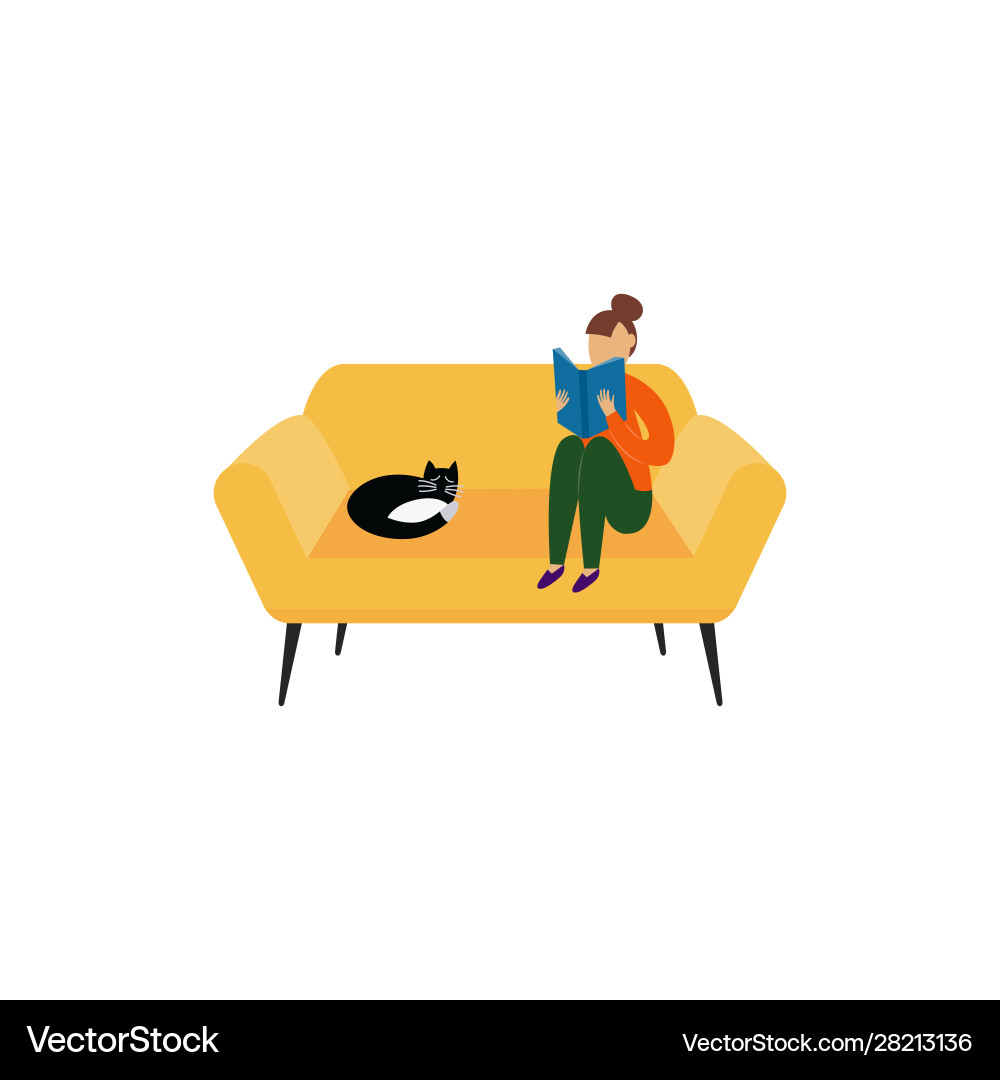 Cartoon Frau sitzen auf gemütlichen gelben Sofa Lesen Cartoon Frau sitzen auf gemütlichen gelben Sofa Lesen vektorbild