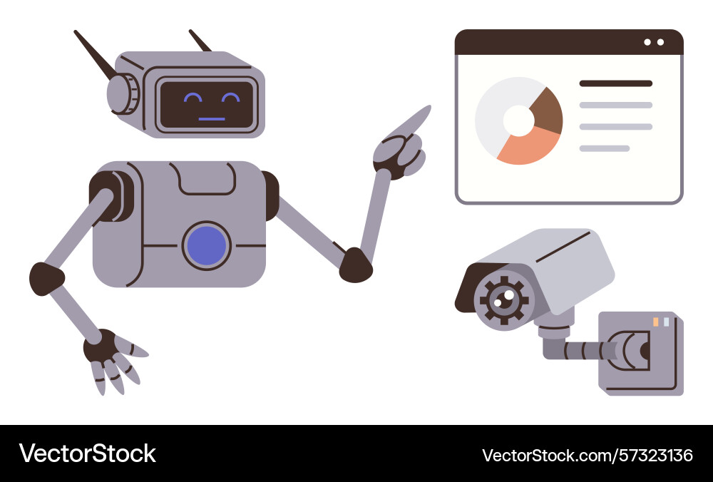 Friendly robot explaining data analytics beside Friendly robot explaining data analytics beside vector image