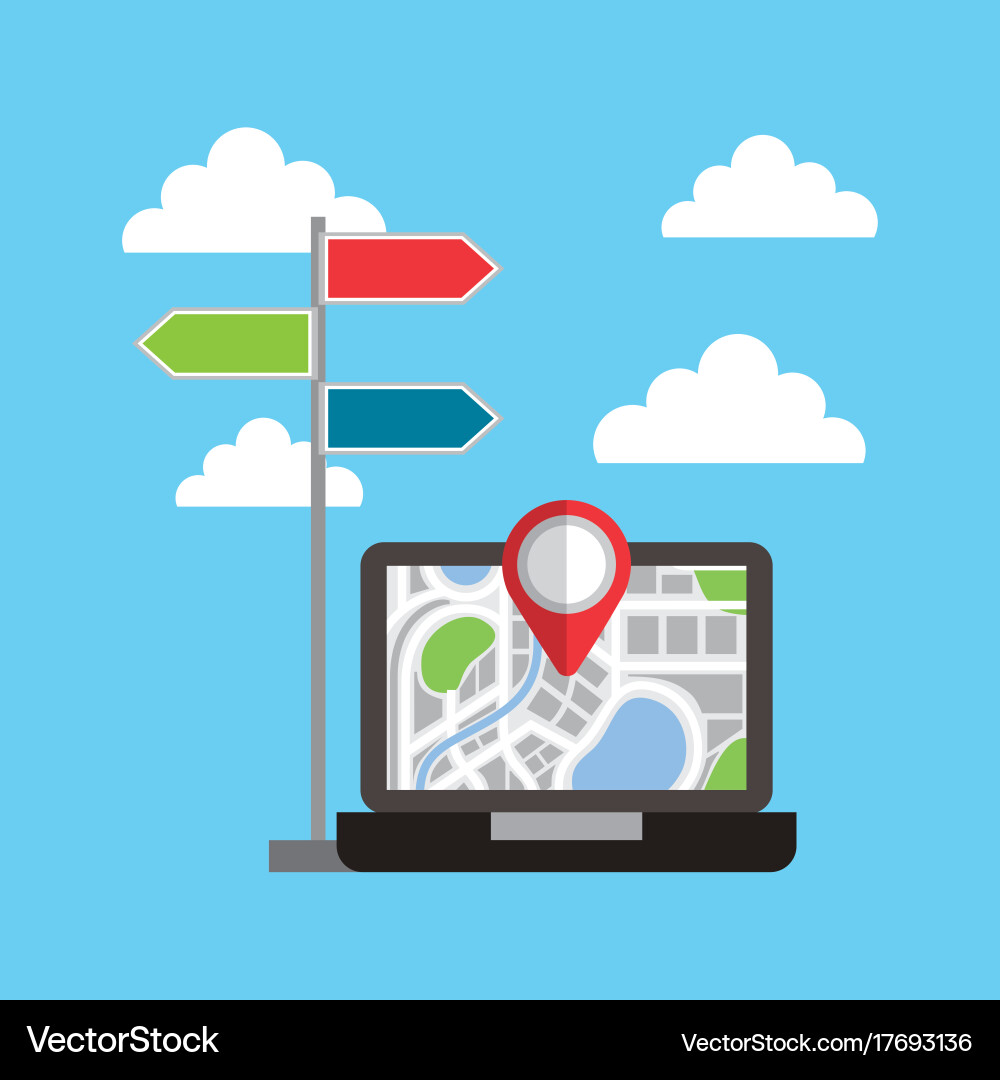 Navigation laptop map screen pointer and signpost vector image