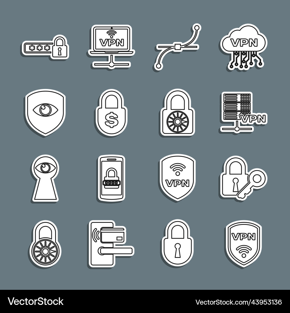 Set line shield with vpn wireless lock and key Set line shield with vpn wireless lock and key vector image