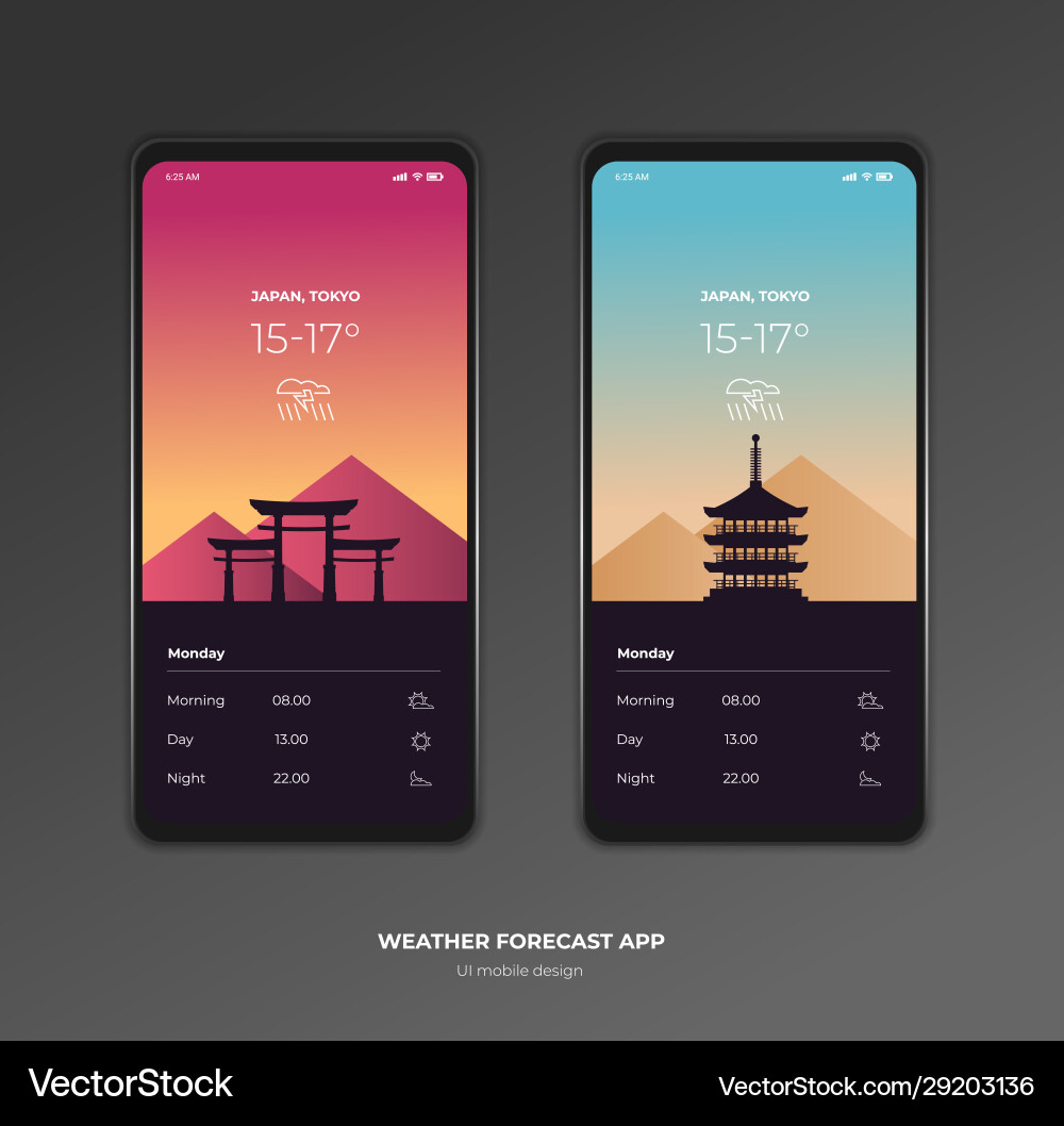Weather forecast app ux ui design mockup Weather forecast app ux ui design mockup Vector Image