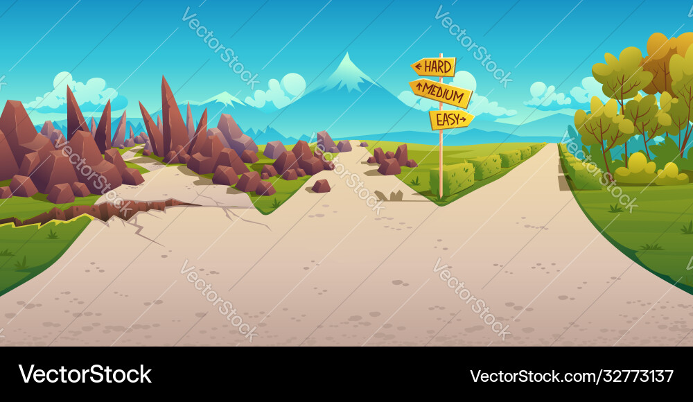 Choice way between hard medium and easy path Choice way between hard medium and easy path vector image
