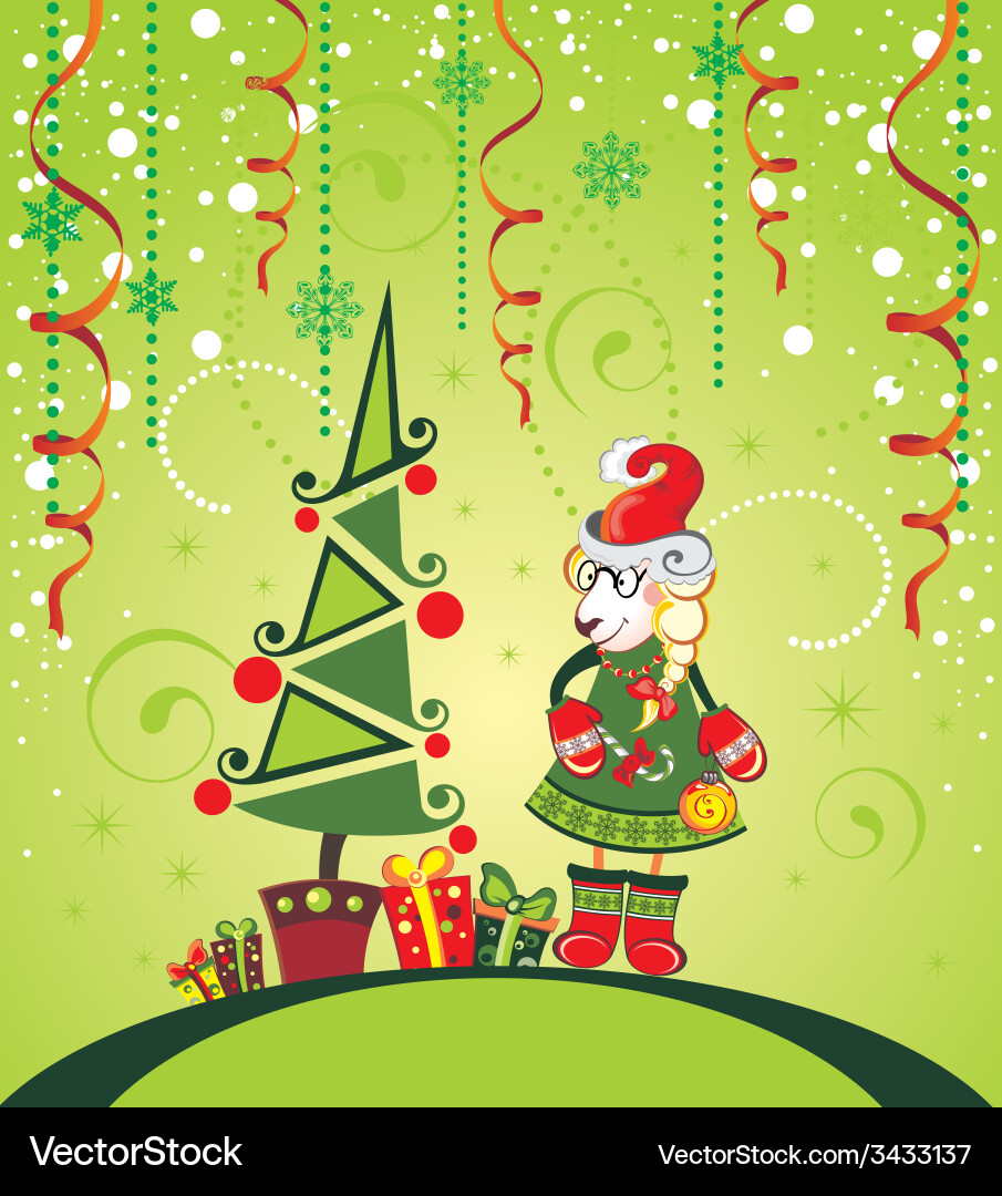 Christmas background with tree and sheep Vector Image