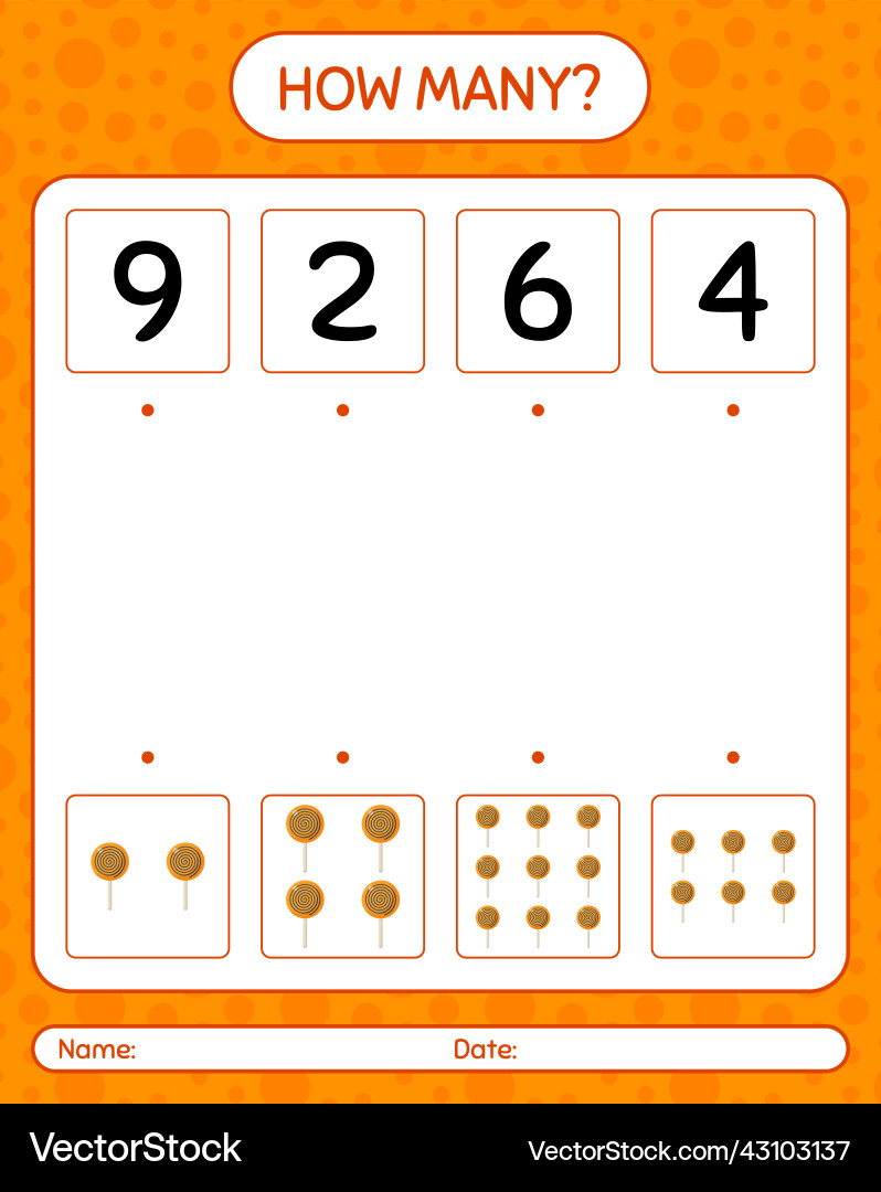 How many counting game with lollipop worksheet How many counting game with lollipop worksheet Vector Image