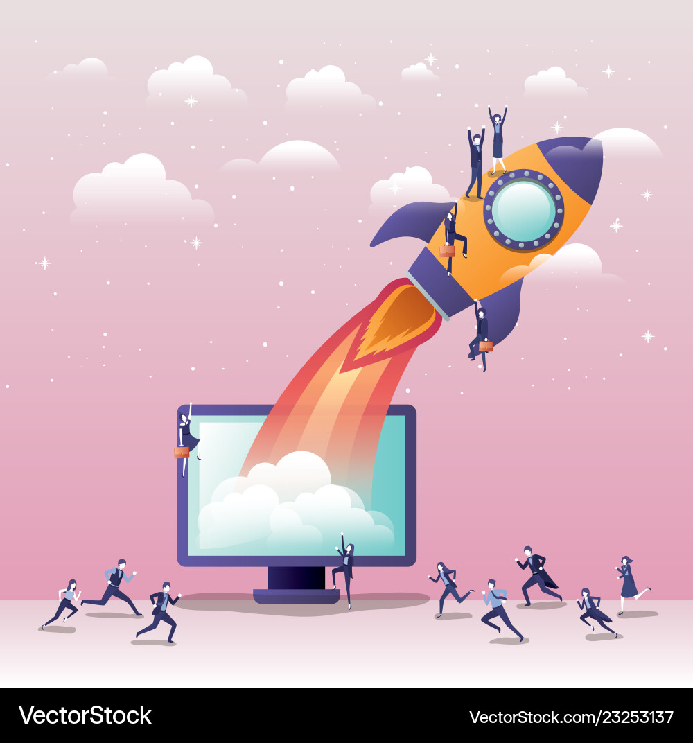 Rocket start up with desktop computer vector image