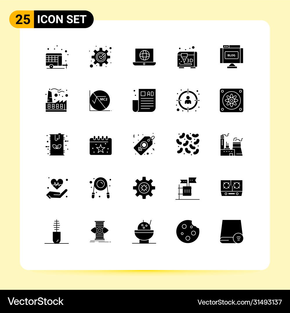 Set 25 solid glyphs on grid for write edit vector image
