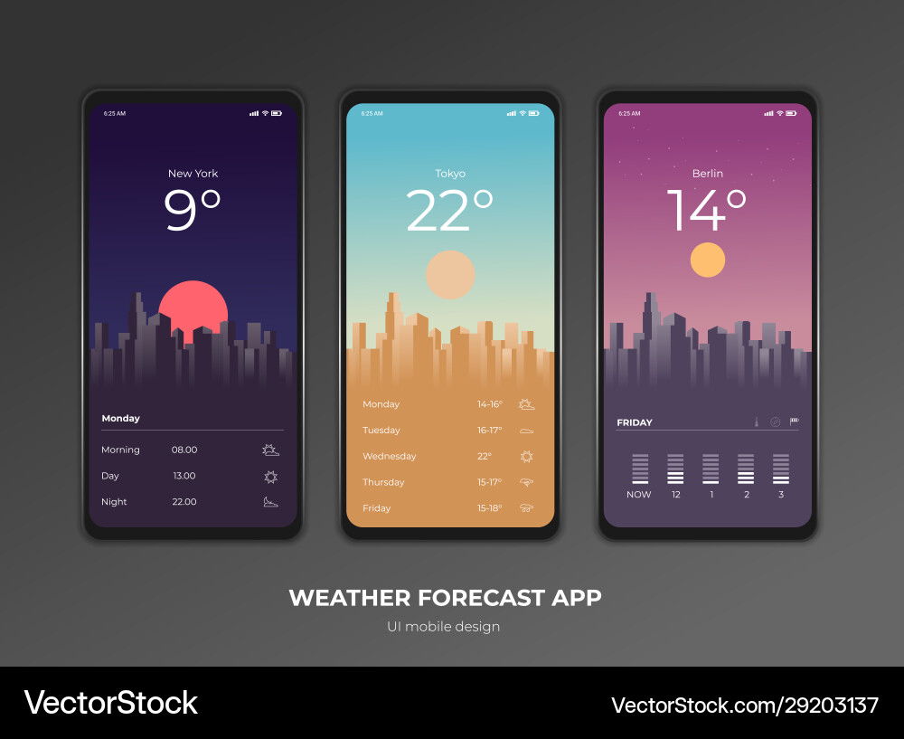 Weather forecast app ux ui design mockup Weather forecast app ux ui design mockup vector image