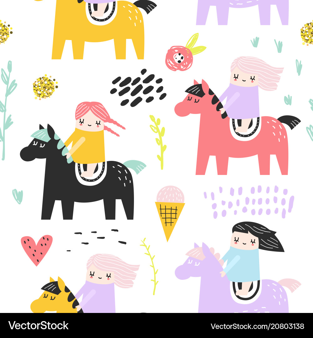 Childish seamless pattern with cute girls and pony Childish seamless pattern with cute girls and pony vector image