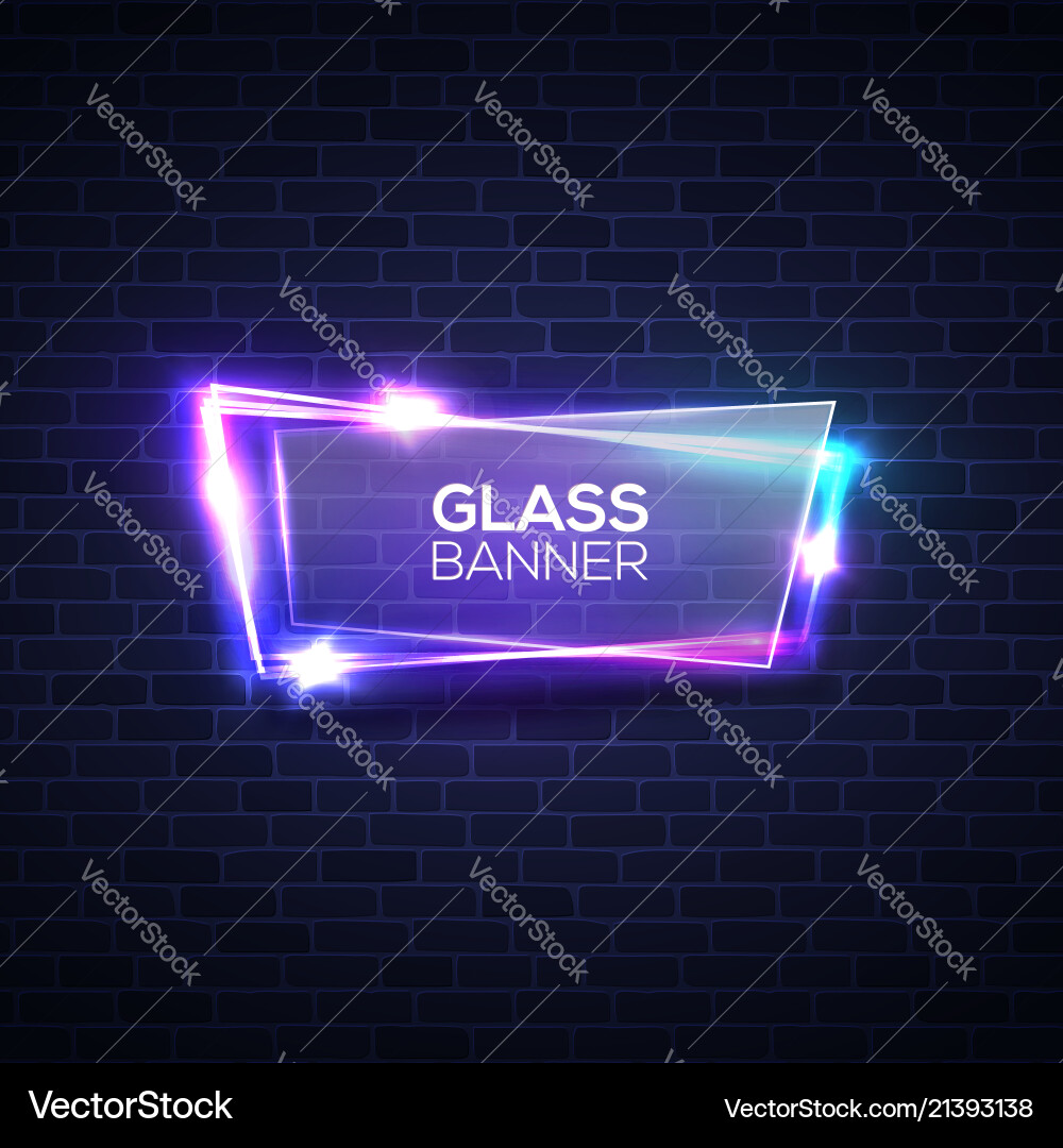 Neon lights sign with glass plate on brick wall Neon lights sign with glass plate on brick wall vector image