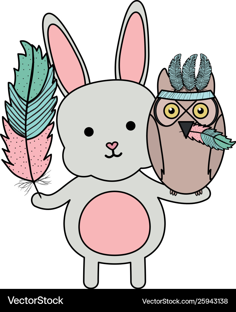 Owl bird and rabbit with feathers hats bohemian vector image