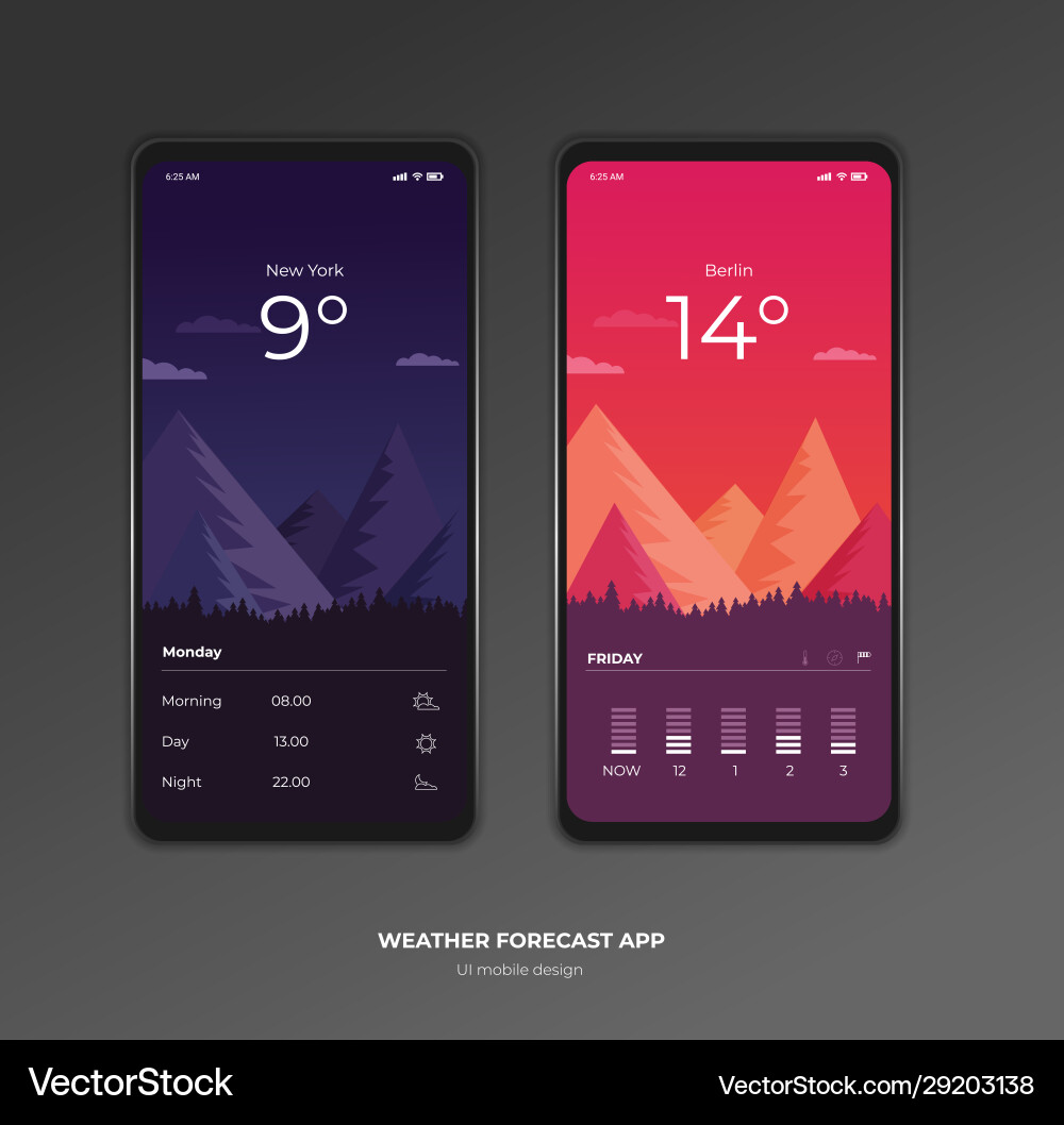 Weather forecast app ux ui design mockup Weather forecast app ux ui design mockup vector image