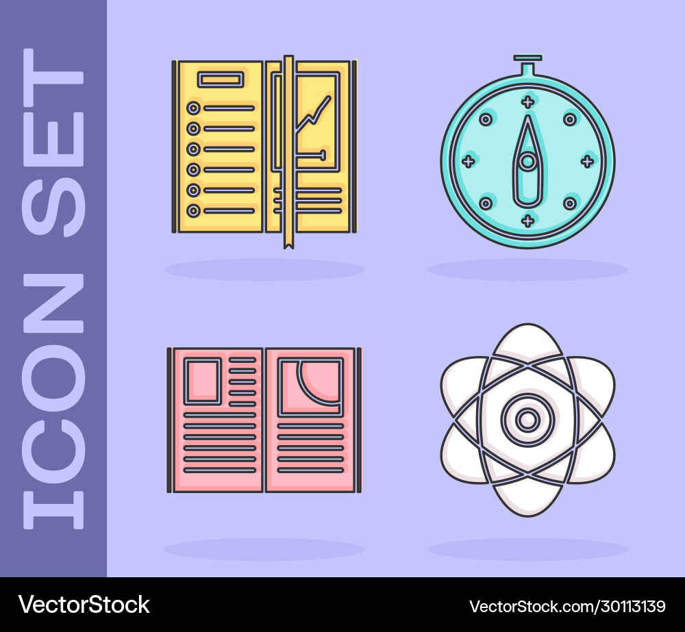Set atom notebook open book and compass icon Set atom notebook open book and compass icon vector image