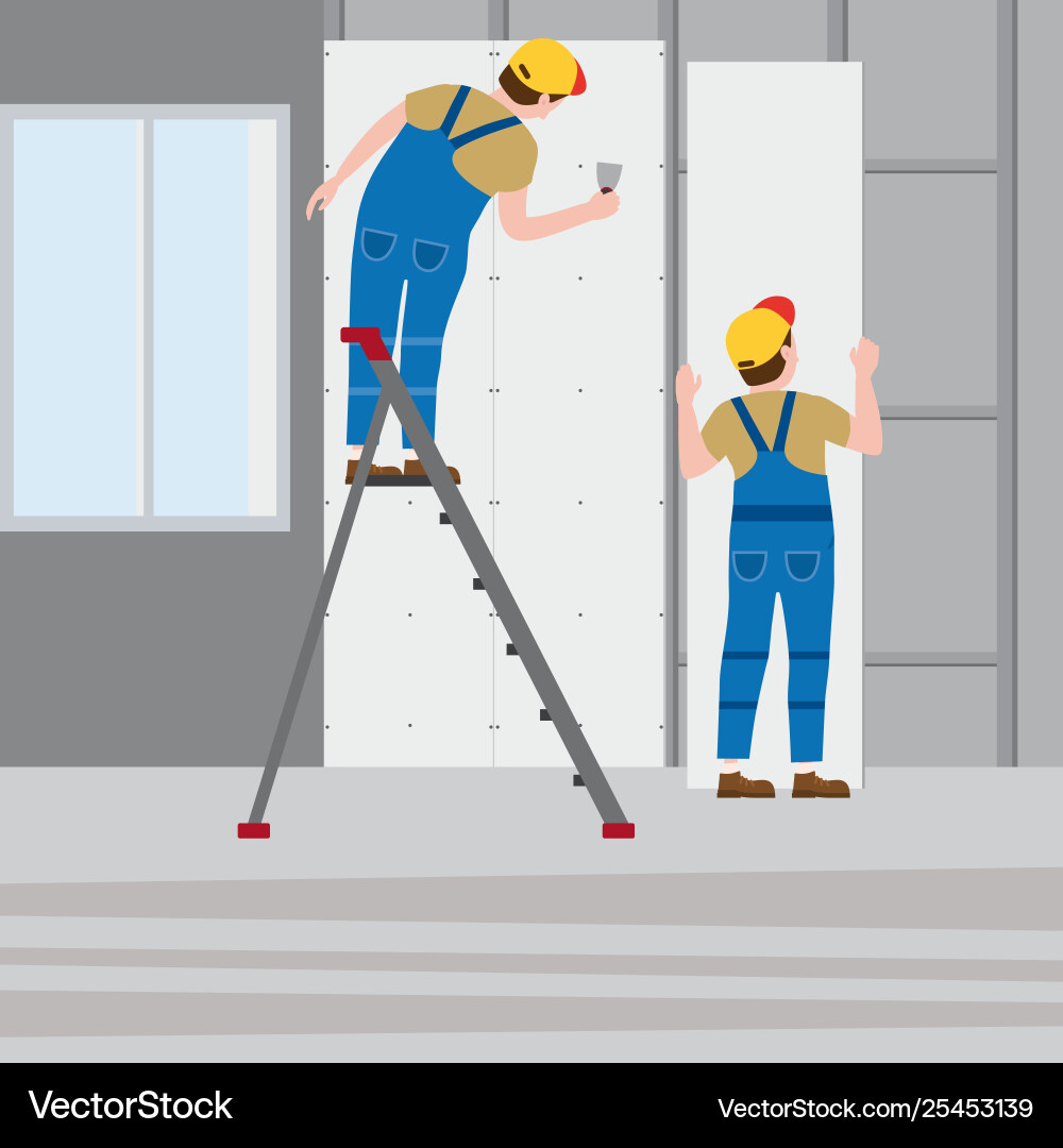 Workers put plaster on a stepladder installing Workers put plaster on a stepladder installing Vector Image