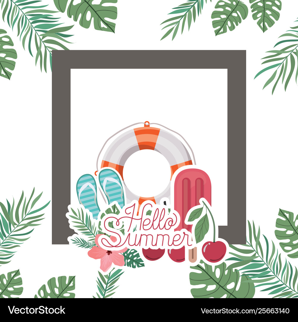 Hello summer label with objects Hello summer label with objects Vector Image