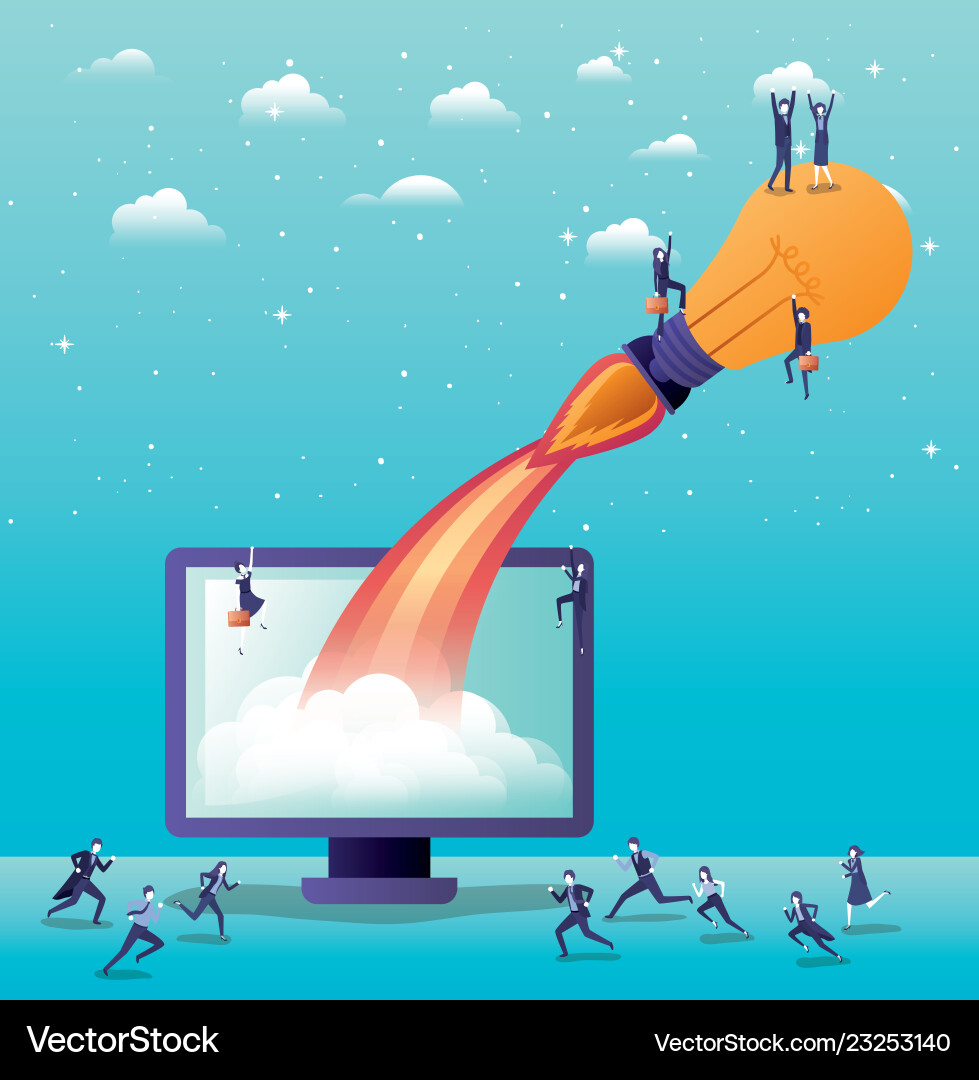 Rocket start up with desktop computer vector image