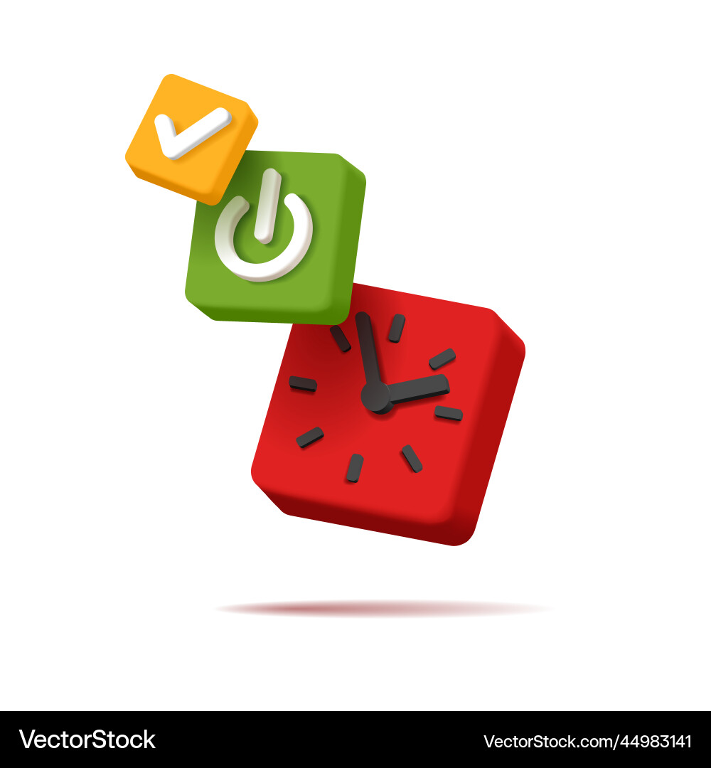 3d alarm clock square shape with power button 3d alarm clock square shape with power button vector image