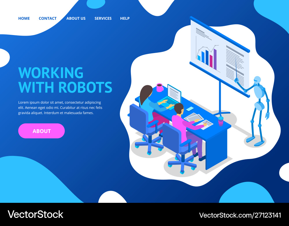 Robot and human working concept landing web page Robot and human working concept landing web page Vector Image