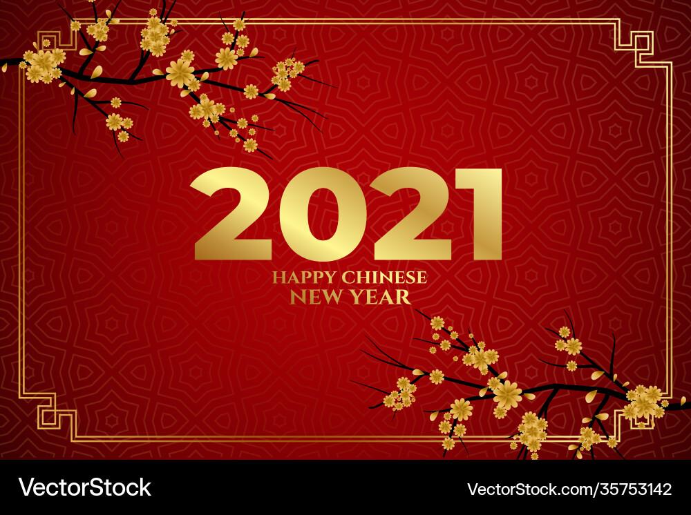 Happy chinese new year 2021 sakura flowers on red Happy chinese new year 2021 sakura flowers on red vector image