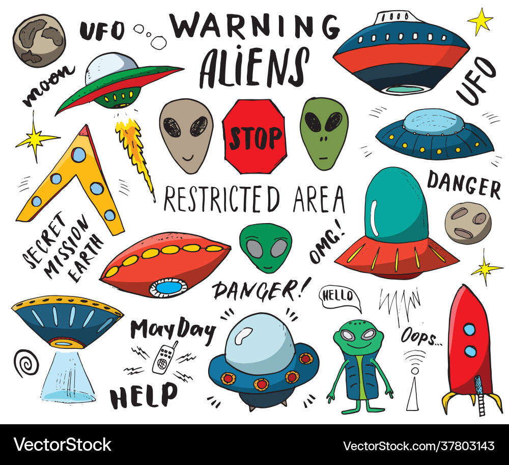 Aliens und ufo hand gezeichnete Skizze Set niedlich Cartoon Aliens und ufo hand gezeichnete Skizze Set niedlich Cartoon vektorbild