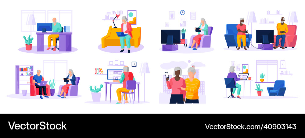 Old people try to use phone game console vector image