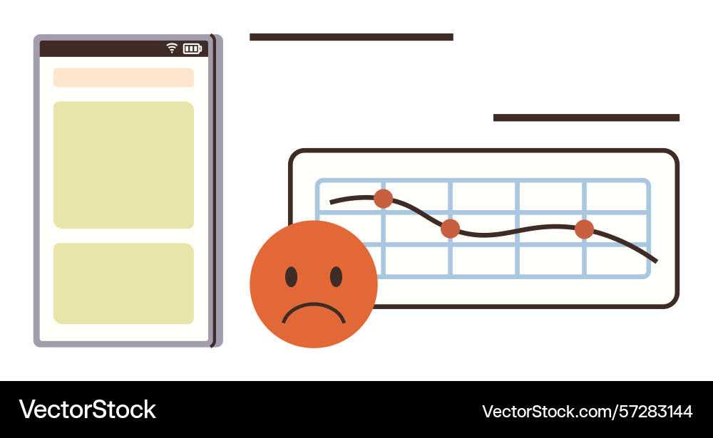 Declining graph with sad face and smartphone Declining graph with sad face and smartphone vector image