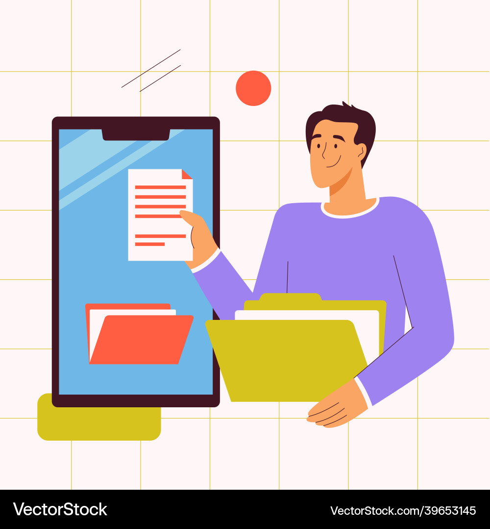 File manager application concept man holding File manager application concept man holding vector image